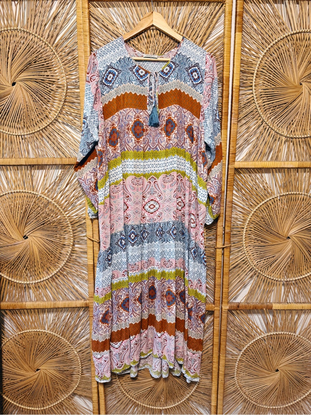 AURA Boho Tiered Midi Maxi Dress SZ M Rayon Patchwork Style